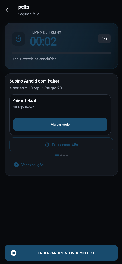 Tela de treino do aluno detalhada